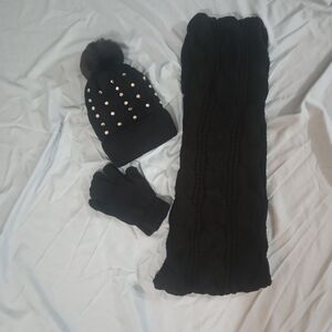 Black Knit Hat, Scarf, and Gloves Set with Rhinestones